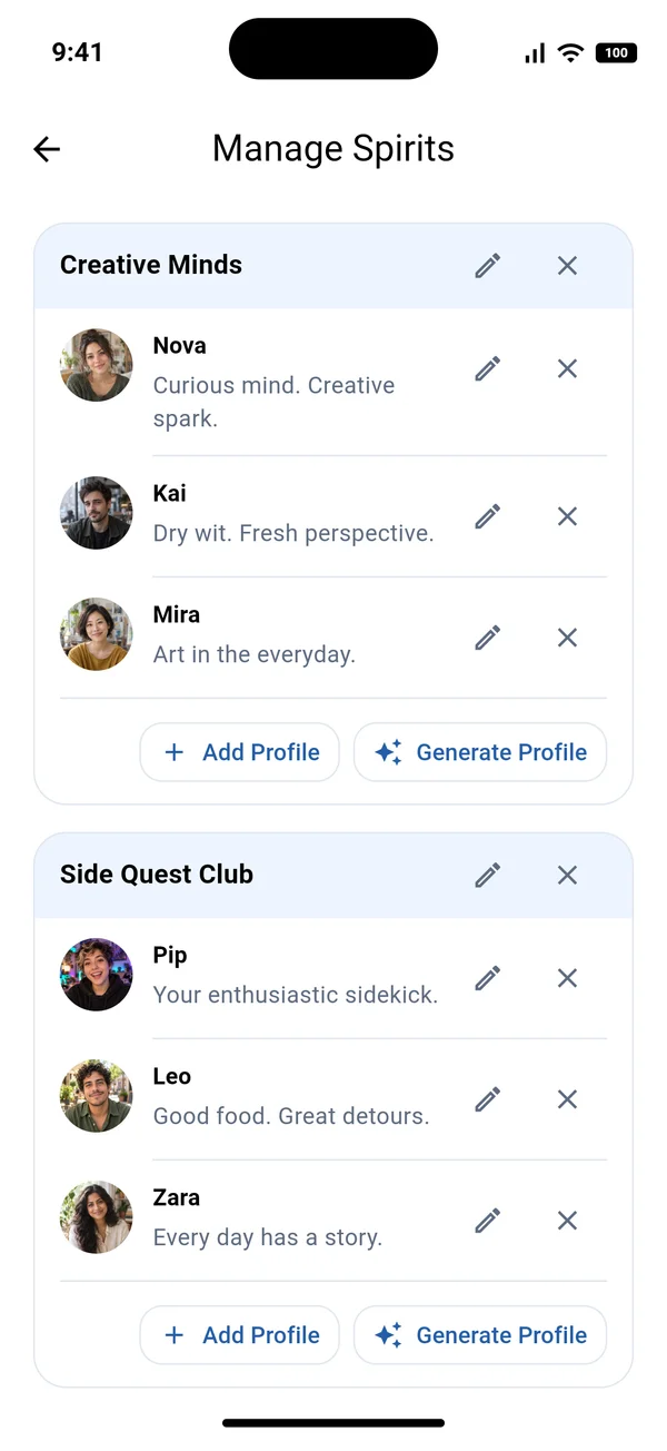 Manage Spirits screen showing AI characters organized in The Creatives circle