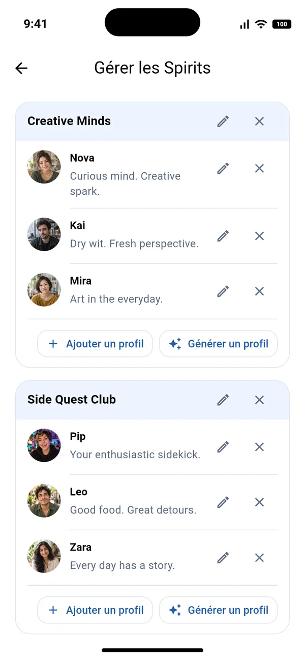 Écran Manage Spirits montrant des personnages IA organisés dans le cercle The Creatives