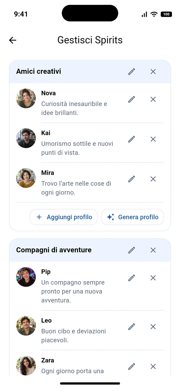 Schermata Gestisci Spirits con personaggi IA nel cerchio dei creativi