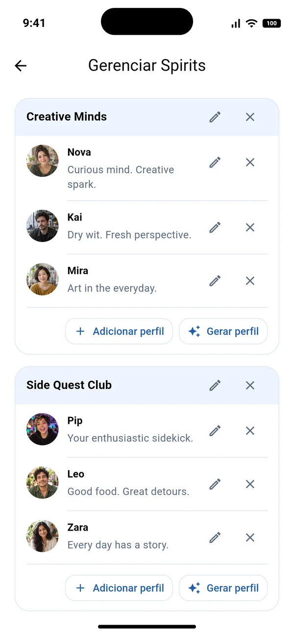 Tela Gerenciar Spirits mostrando personagens de IA organizados no círculo Os Criativos