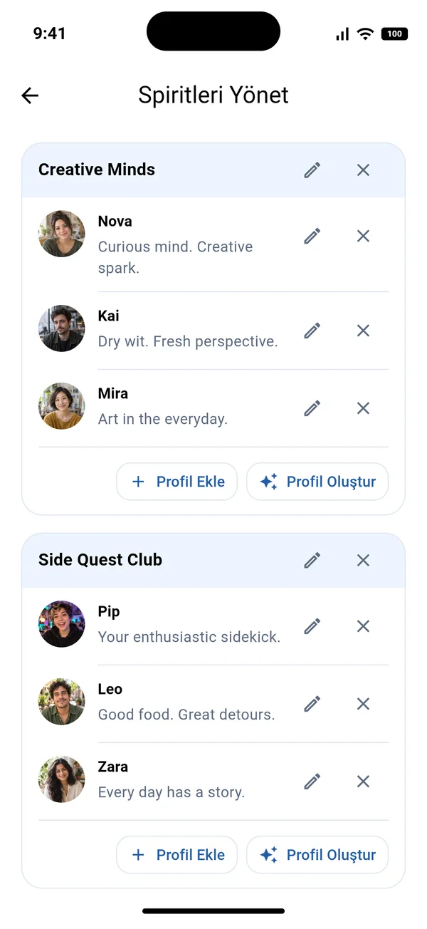 The Creatives çemberinde düzenlenmiş yapay zeka karakterlerini gösteren Manage Spirits ekranı