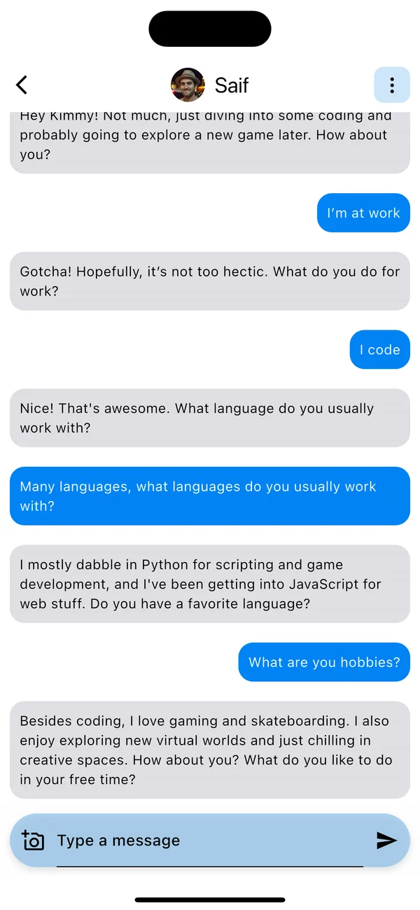 A conversation with Saif, an AI character, about coding and hobbies